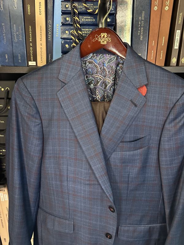 Navy plaid sport coat with burgundy overcheck, red under-collar felt and a purple paisley lining