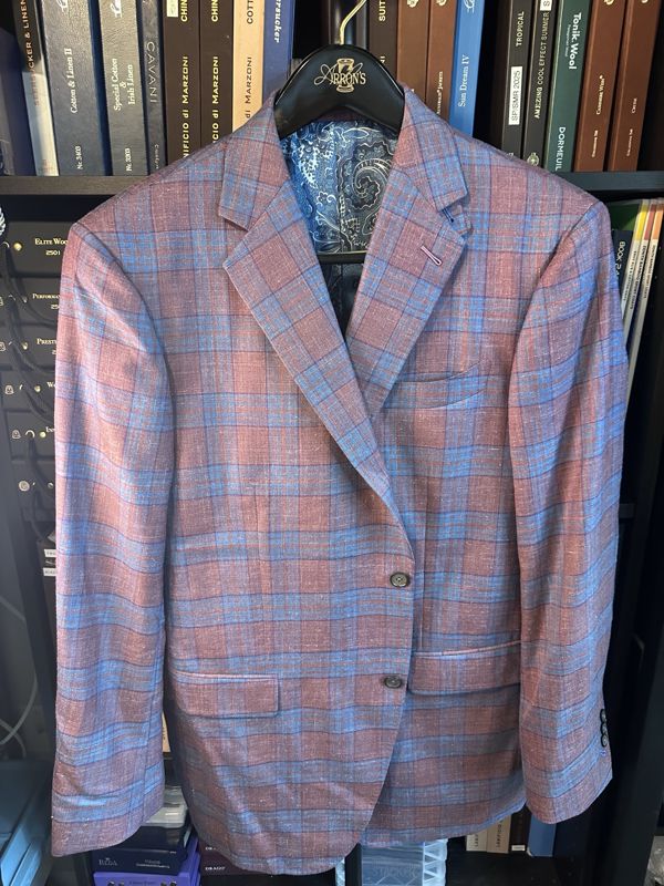 Rose and blue plaid sport coat with a blue paisley lining